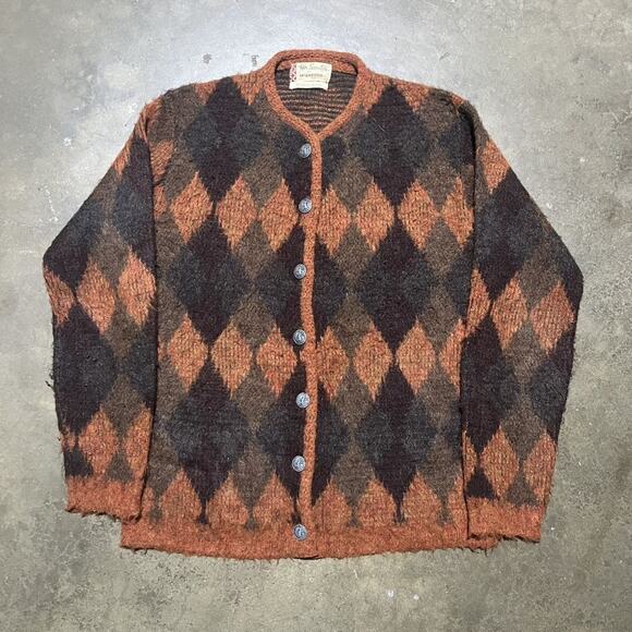 Vintage 60s McGregor Orange Argyle Cardigan - Picture 1 of 3